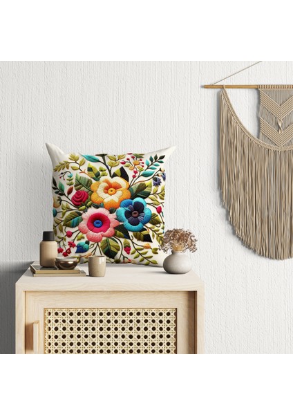 2 Li Kombin Nakış Görünümlü Renkli Çiçek Dijital Baskılı Kırlent Kılıfı fırsatları