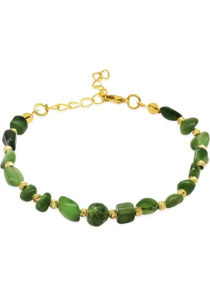 Altın Renk Metal Zincirli Dorika Top Süslemeli Amorf Yeşim Taşı Doğaltaş Kadın Bileklik