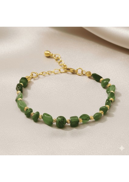 Altın Renk Metal Zincirli Dorika Top Süslemeli Amorf Yeşim Taşı Doğaltaş Kadın Bileklik fırsatları