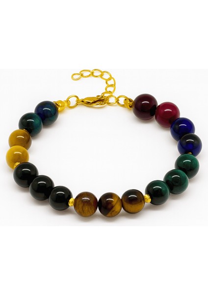 Gold Renk Metal Zincir Küre Kesim Çoklu Kaplan Gözü Doğaltaş Kombinli Kadın Enerji Bilekliği