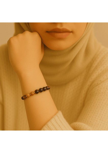 Gold Renk Metal Zincir Küre Kesim Çoklu Kaplan Gözü Doğaltaş Kombinli Kadın Enerji Bilekliği modelleri