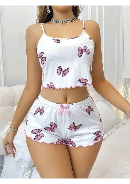 Kadın Beyaz Pembe Fiyonk Desenli Şortlu Askılı Pijama Takımı – Rahat ve Şık Ev Giyim 3777 S-M