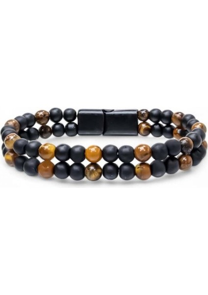 Erkek Çift Oniks ve Kaplangözü Çelik Bileklik