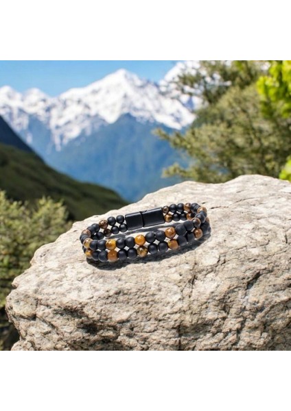 Erkek Çift Oniks ve Kaplangözü Çelik Bileklik modelleri