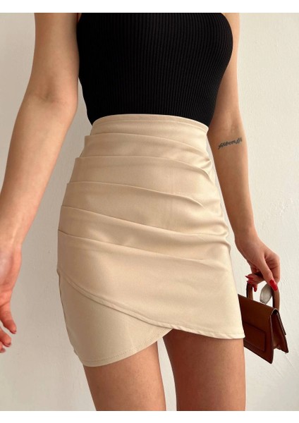Lvsqvr Yandan Drapeli Asimetrik Etek Bej S24771 (Beden: M)