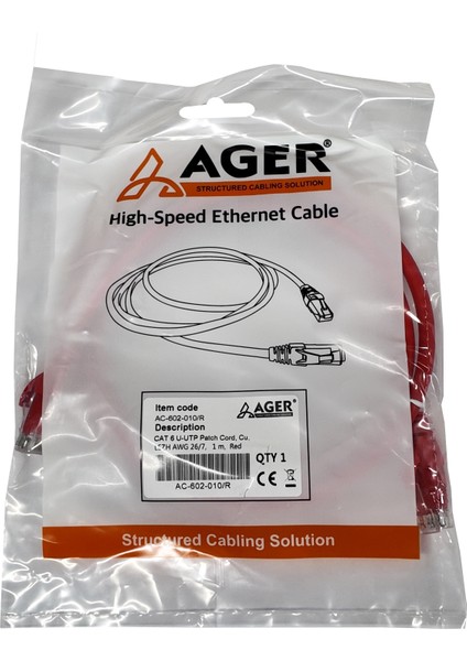 Ager AC-602-010 1mt Utp Cat6 Patch Kablo Kırmızı Cu, Lszh Awg 26/7