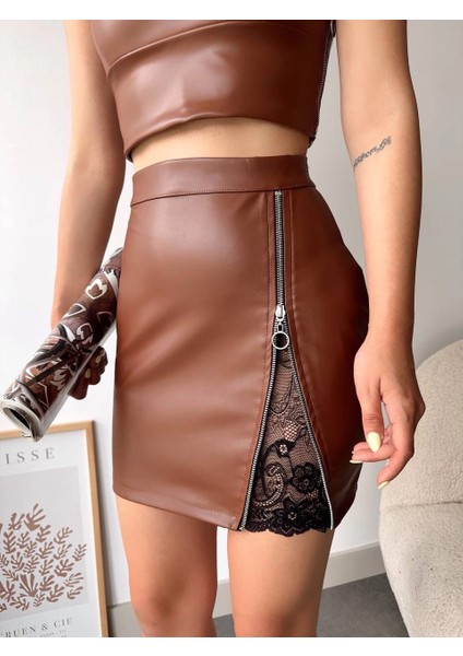 Lvsqvr Dantelli Fermuarlı Deri Etek Kahve W24598 (Beden: S)