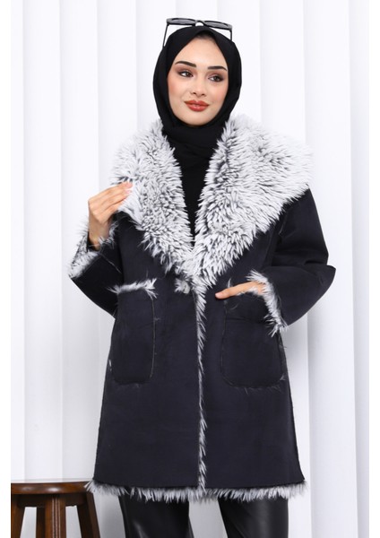 Siyah Kruvaze Yaka İçi Kürklü Süet Mont