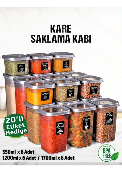 18 Adet 36 Parça 0,55-1,2-1,7 Litre Kare Erzak Bakliyat Saklama Kabı Seti 20 Etiket Hediyeli