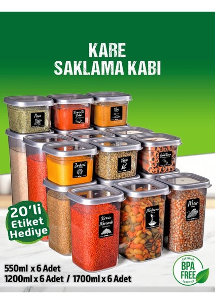 18 Adet 36 Parça 0,55-1,2-1,7 Litre Kare Erzak Bakliyat Saklama Kabı Seti 20 Etiket Hediyeli fiyatları