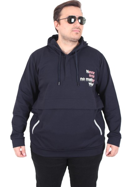 Mocgrande Büyük Beden Kapüşonlu Sweat Double Face Never 25706 Lacıvert