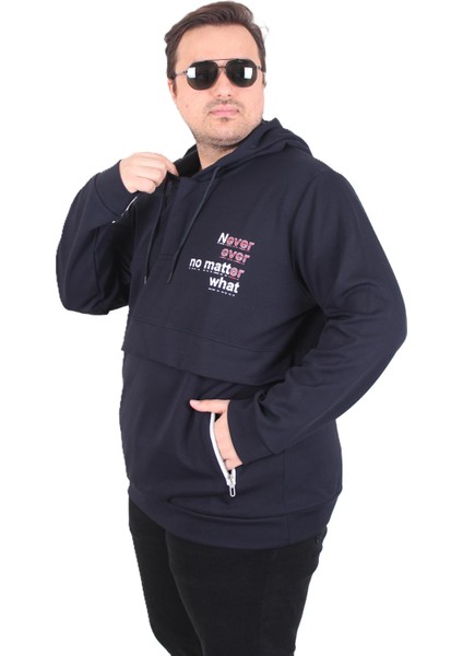 Mocgrande Büyük Beden Kapüşonlu Sweat Double Face Never 25706 Lacıvert fiyatları