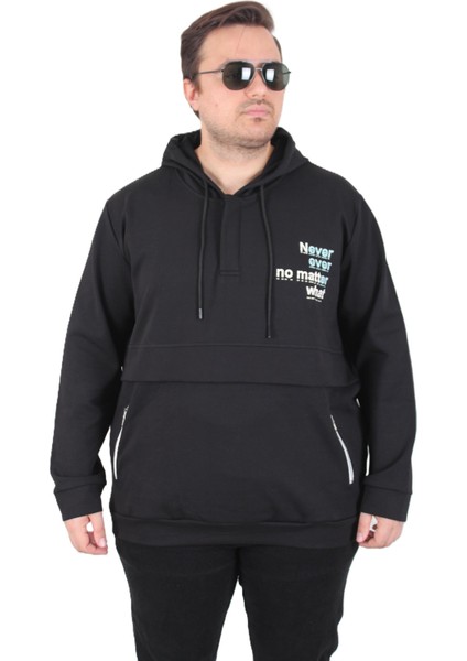 Mocgrande Büyük Beden Kapüşonlu Sweat Double Face Never 25706 Sıyah