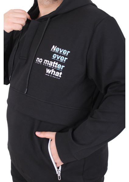 Mocgrande Büyük Beden Kapüşonlu Sweat Double Face Never 25706 Sıyah fırsatları