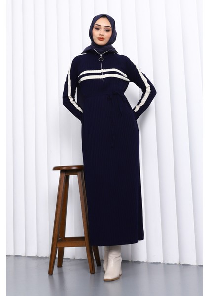 Lacivert Yaka Fermuarlı Fitilli Çizgili Triko Elbise