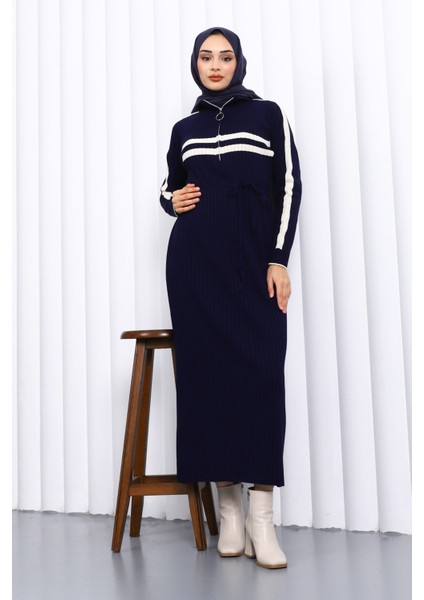 Lacivert Yaka Fermuarlı Fitilli Çizgili Triko Elbise fiyatları