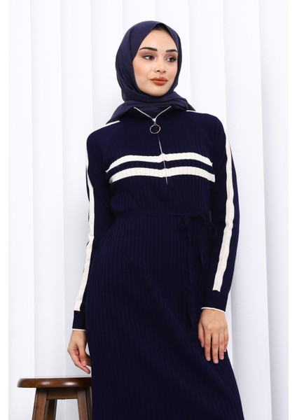Lacivert Yaka Fermuarlı Fitilli Çizgili Triko Elbise modelleri