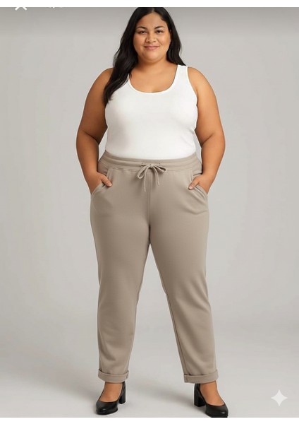 Büyük Beden Kadın %92 Pamuk %8 Likra Premium Kalite Yüksek Bel Duble Paça Bağcıklı Pantolon