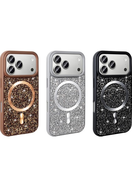 iPhone 17 Pro Kılıf Pırlanta Tasarımlı M-Safe Şarj Özellikli Zore Mozaik Silikon Kapak - Titanyum-Gr