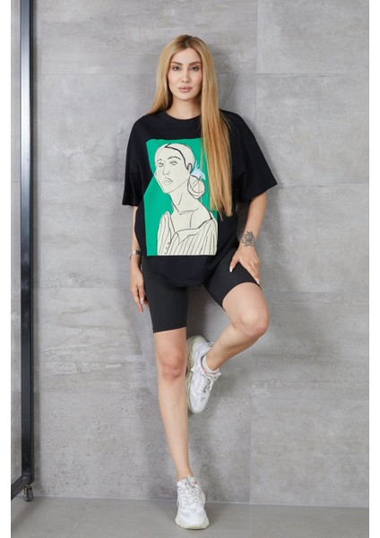 Kadın Silüet Baskılı Bisiklet Yaka Oversize T-Shirt