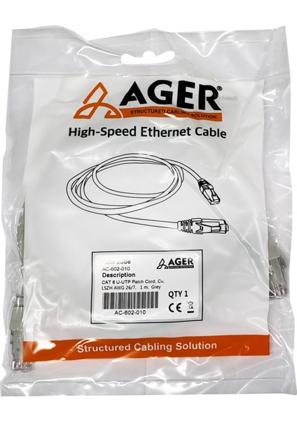 Ager AC-602-020 2mt Utp Cat6 Patch Kablo Grı Cu, Lszh Awg 26/7 fiyatları