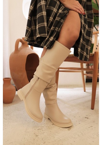 Nıvra Bej Cilt Dikişli Taban Fermuarlı Diz Altı Körüklü Günlük Kadın Bot fiyatları