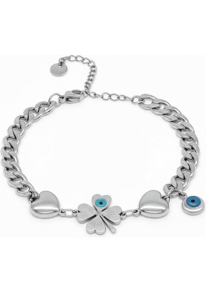 Kadın Çelik Bileklik - Gurmet Model - Yonca Yaprağı Detaylı - Kalp Süslemeli - Gümüş Renk