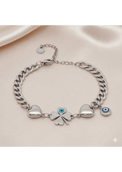 Kadın Çelik Bileklik - Gurmet Model - Yonca Yaprağı Detaylı - Kalp Süslemeli - Gümüş Renk fırsatları