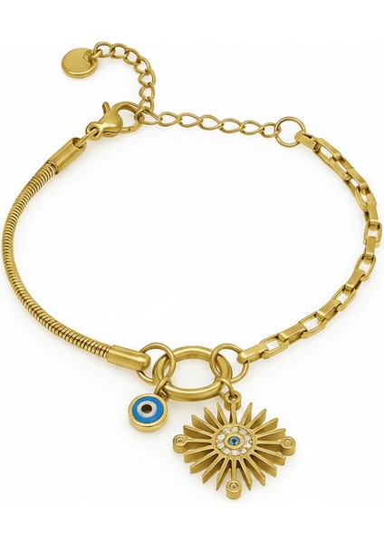 Kadın Çelik Bileklik - Snake Box Zincirli - Güneş Detaylı - Nazar Boncuğu Süslemeli - Altın Renk
