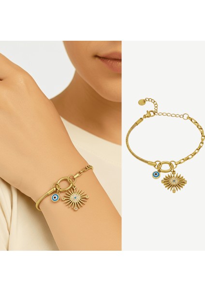 Kadın Çelik Bileklik - Snake Box Zincirli - Güneş Detaylı - Nazar Boncuğu Süslemeli - Altın Renk fiyatları