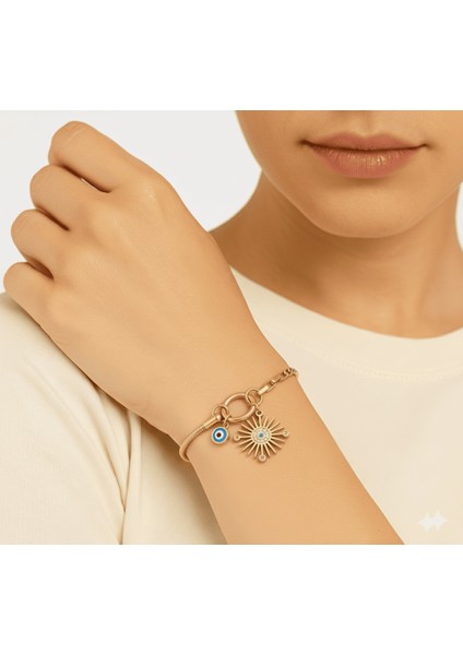 Kadın Çelik Bileklik - Snake Box Zincirli - Güneş Detaylı - Nazar Boncuğu Süslemeli - Altın Renk modelleri