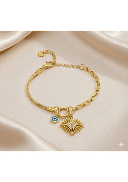 Kadın Çelik Bileklik - Snake Box Zincirli - Güneş Detaylı - Nazar Boncuğu Süslemeli - Altın Renk fırsatları