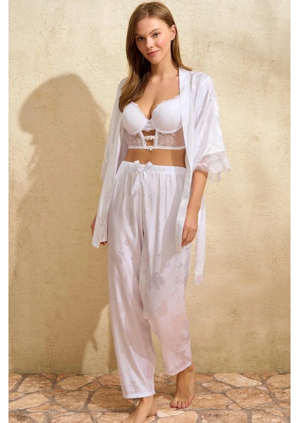 Mdb Mdbshop Saten Çiçek Desenli Dantelli Sabahlık Balenli Destekli Dolgulu Büstiyer Sütyen ve Pantolon Pijama 3lü Takım
