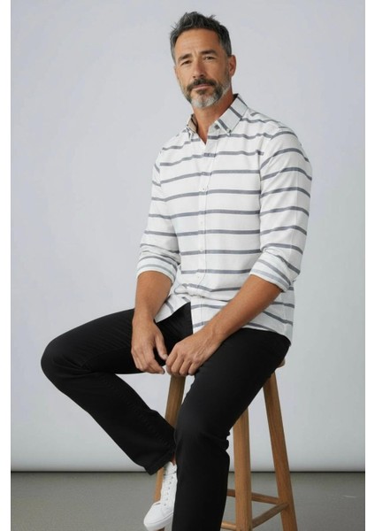 Klasik %100 Cotton Uzun Kollu Terletmeyen Kışlık 2 Renkli Çizgili Gömlek (Regular Kalıp)