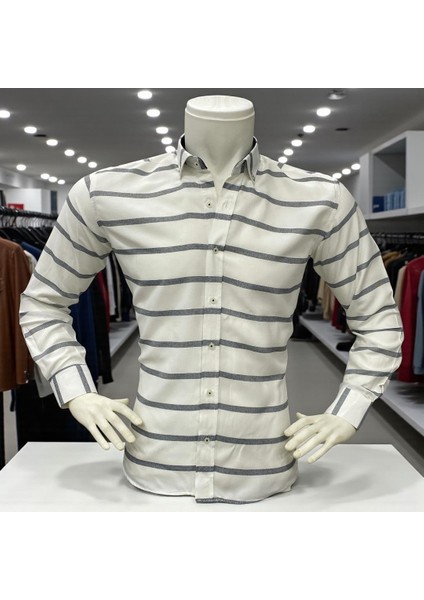 Klasik %100 Cotton Uzun Kollu Terletmeyen Kışlık 2 Renkli Çizgili Gömlek (Regular Kalıp) modelleri