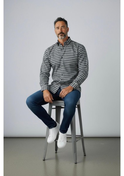 Klasik %100 Cotton Uzun Kollu Terletmeyen Kışlık 2 Renkli Çizgili Gömlek (Regular Kalıp)