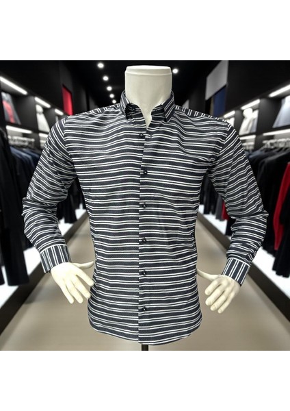 Klasik %100 Cotton Uzun Kollu Terletmeyen Kışlık 2 Renkli Çizgili Gömlek (Regular Kalıp) modelleri