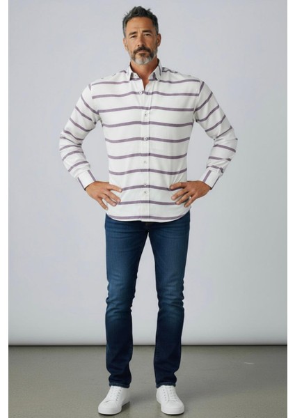 Klasik %100 Cotton Uzun Kollu Terletmeyen Kışlık 2 Renkli Çizgili Gömlek (Regular Kalıp)