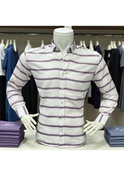Klasik %100 Cotton Uzun Kollu Terletmeyen Kışlık 2 Renkli Çizgili Gömlek (Regular Kalıp) modelleri