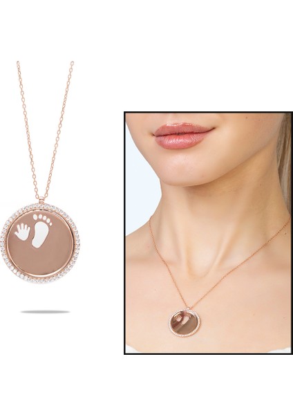 Zirkon Taşlı Bebek El Ayak Detaylı Rose Renk Isme Özel Veya Harf Yazılı 925 Ayar Gümüş Kadın Kolye fiyatları