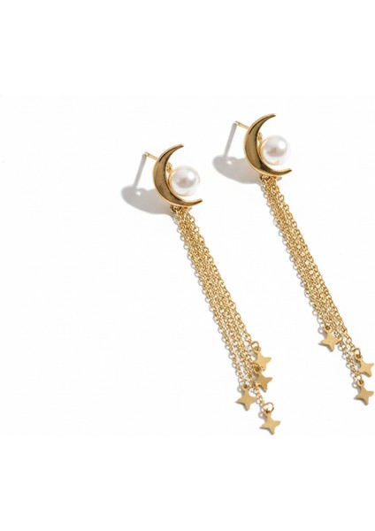 Çelik Ay Inci Yıldız Küpe | Sallantılı Zincir Kararmaz Takı