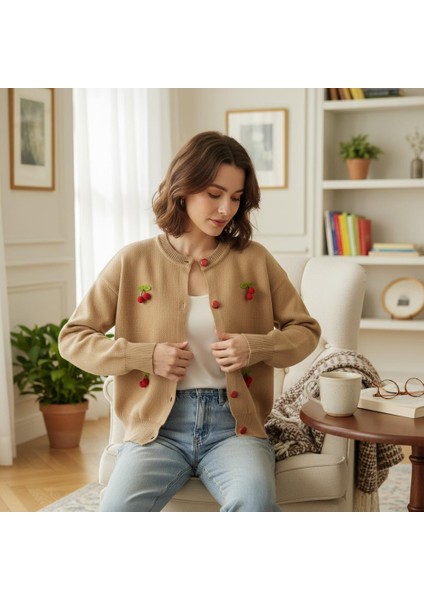 Triko Kiraz Detaylı Cotton Angora Yünlü Bisiklet Yaka Hırka fiyatları