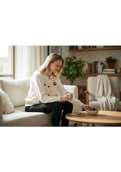 Triko Kiraz Detaylı Cotton Angora Yünlü Bisiklet Yaka Hırka fiyatları