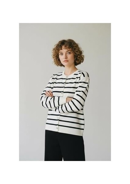 Triko Angora Cotton Çizgili Yünlü Uzun Kollu Hırka