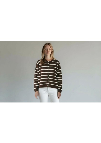 Triko Angora Cotton Çizgili Yünlü Uzun Kollu Hırka