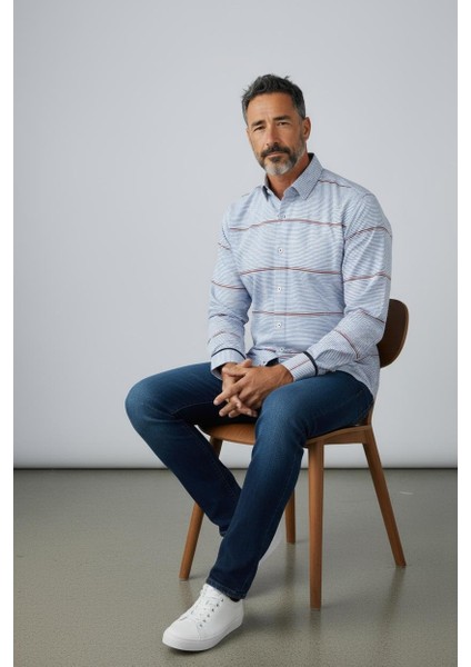 Klasik %100 Cotton Uzun Kollu Terletmeyen Kışlık 2 Renkli Çizgili Gömlek (Regular Kalıp)