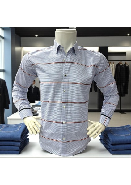 Klasik %100 Cotton Uzun Kollu Terletmeyen Kışlık 2 Renkli Çizgili Gömlek (Regular Kalıp) modelleri