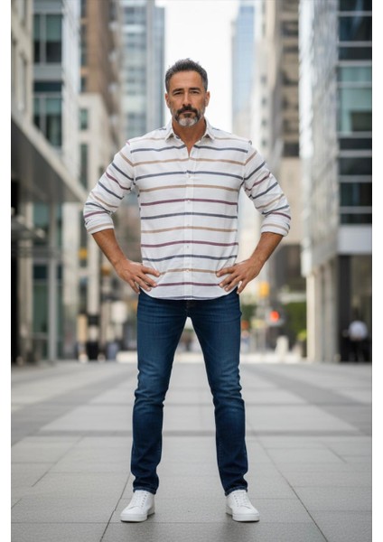 Klasik %100 Cotton Uzun Kollu Terletmeyen Kışlık 2 Renkli Çizgili Gömlek (Regular Kalıp)
