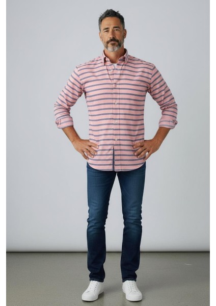 Klasik %100 Cotton Uzun Kollu Terletmeyen Kışlık 2 Renkli Çizgili Gömlek (Regular Kalıp)