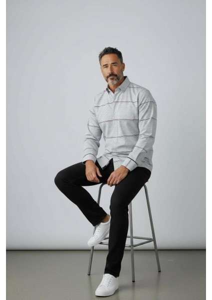 Klasik %100 Cotton Uzun Kollu Terletmeyen Kışlık 2 Renkli Çizgili Gömlek (Regular Kalıp)
